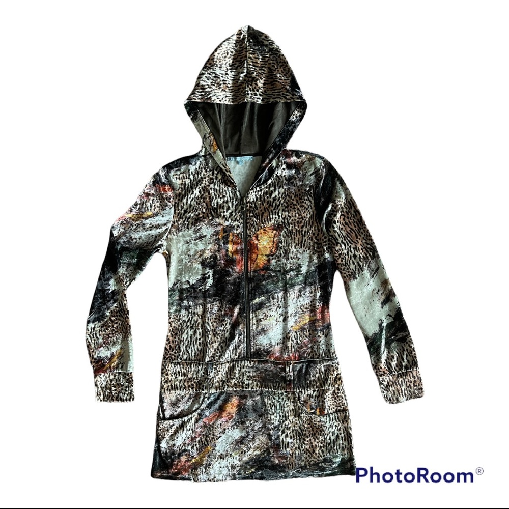 Passion Concept Velvety Feel Butterfly Animal Print Hood Tunic Dress M